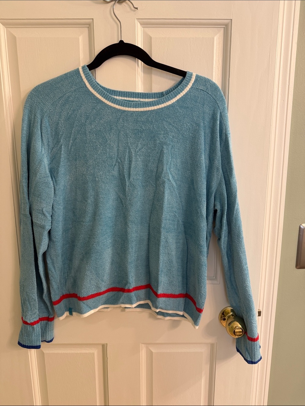 Barefoot Dreams Light Blue Crewneck Sweater with Red and White Trim